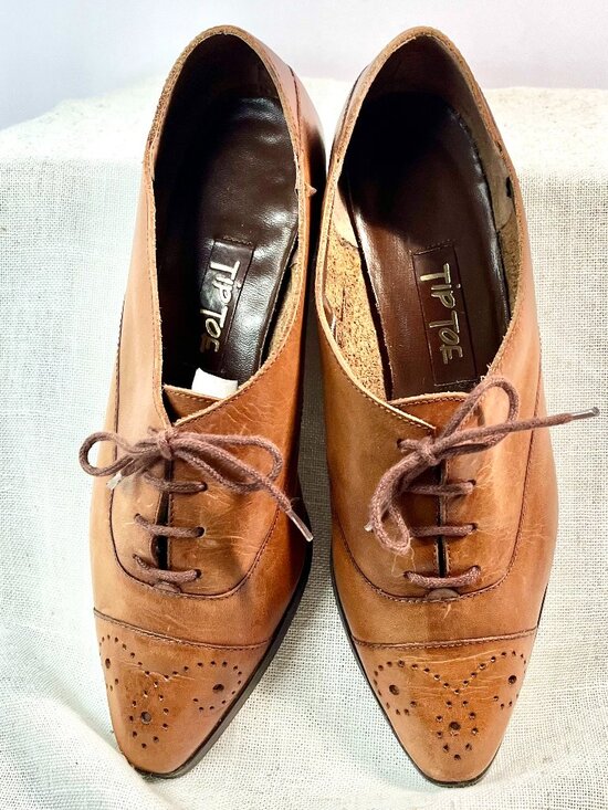Vintage Y2K Revival Tan Leather Lace-up Pointed Toe Oxford -Women's Size 8M - Picture 16 of 16